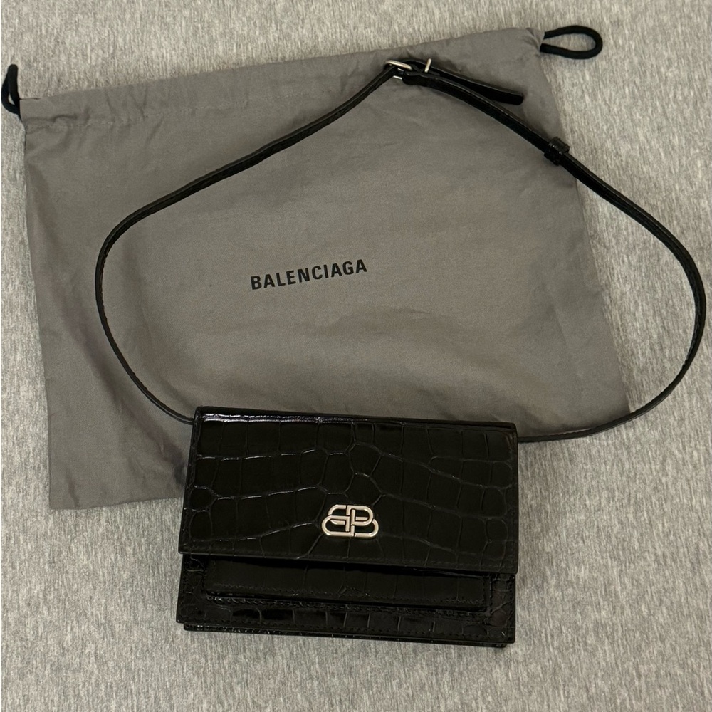 Balenciaga BB Croc Embossed Leather Mini Shoulder Bag Black